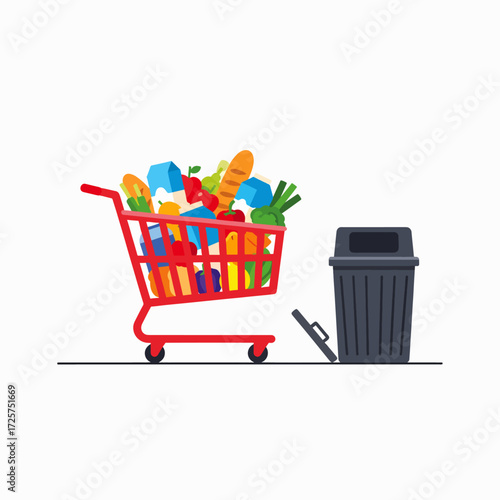 Shopping Cart Full of Groceries Next to a Trash Can Illustrating Food Waste