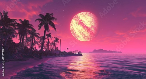 Colorful Sunset at a Tropical Beach With a Large Moon and Vibrant Sky.
