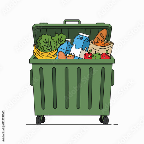 Food Waste Crisis Illustrated Graphic Showing Discarded Groceries Overflowing From a Large Green Dumpster