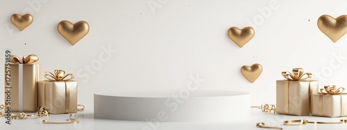 Elegant Gifts With Gold Accents Displayed on a White Pedestal in Soft Natural...