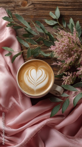 Beautiful Latte Art in a Cozy Cup Surrounded by Greenery and Soft Fabric.