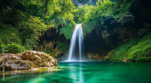 Waterfall Cascading Down Rocks Into a Serene Pool Surrounded by Lush Greenery
