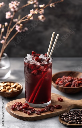 Cool Raspberry Drink Served With Nuts and Dried Fruits in a Stylish Indoor Se...
