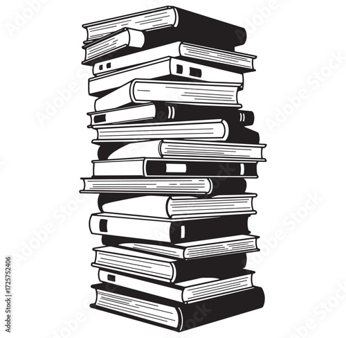 A tall stack of books depicted in a clean black and white vector illustration