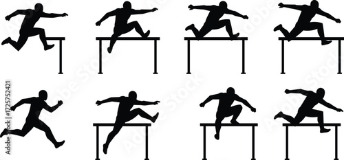 Silhouette of athletes running and jumping hurdles in track and field competition, vector illustration for sports design, training, race concept