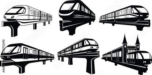 Modern train silhouette illustration, elevated railway transport, urban transit system, high speed rail icons, contemporary locomotive design, station architecture elements