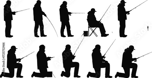 Silhouettes of fishermen holding fishing rods in standing, sitting, and kneeling poses, vector illustration of outdoor angling, fishing activity