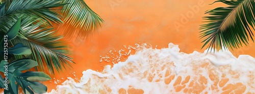 Tropical Beach Scene With Vibrant Orange Sand and Lush Green Palm Leaves Fram...