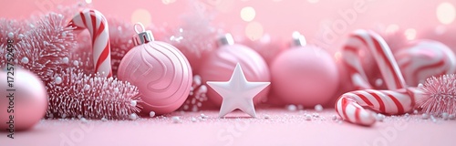 Decorative Pink Christmas Ornaments and Candy Canes Set in a Festive Arrangem...