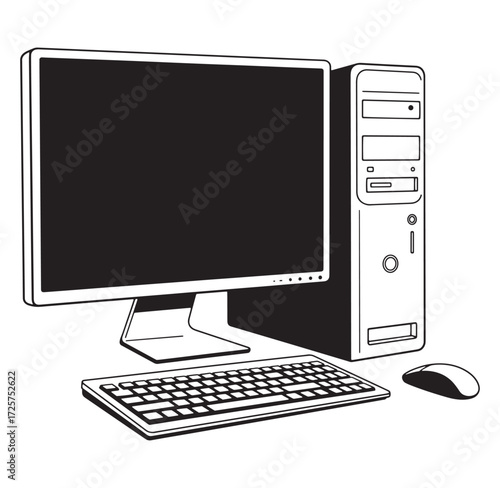 Black and white illustration of a desktop computer system with keyboard and mouse