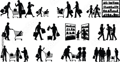 Shopping silhouette vector set, people with carts and bags, supermarket customer icons, retail store illustrations, family shopping graphics