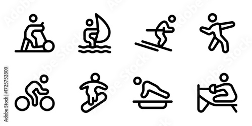 Linear sports icons for active lifestyle and professional design. Perfect for digital branding, apps, and presentations with clean, modern, and versatile athletic visuals.