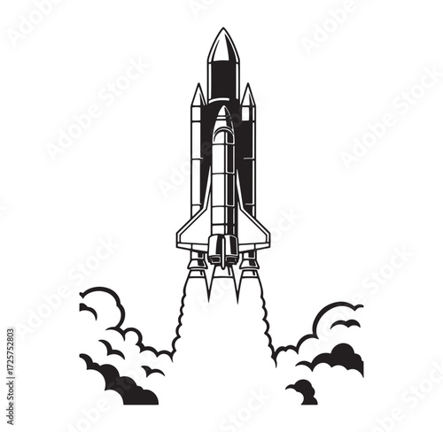 Black and white illustration of a rocket launching into space with smoke trails