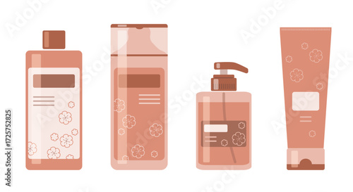 Shampoo balsam cream and soap for bathroom. Elements isolated on white background. Vector illustration.