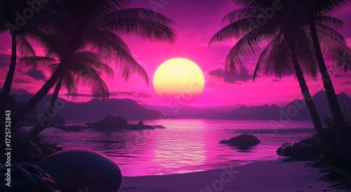 Beautiful Sunset Over a Tropical Beach With Palm Trees and Vibrant Colors.