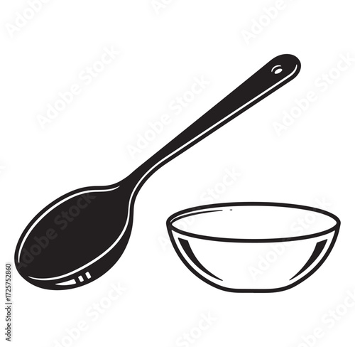 Black and white illustration of a spoon and bowl for cooking and food preparation concepts