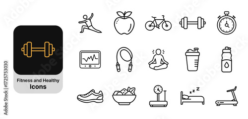 Fitness and healthy lifestyle line icon set. Vector pictograms of gym, workout, yoga, running, nutrition, meditation, sleep, water, thin outline illustration.