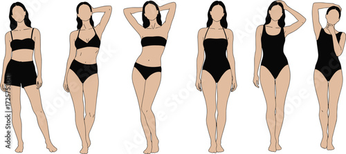 Vector illustration of diverse women in swimwear poses, wearing bikinis and swimsuits, summer beach fashion concept, stylish female body silhouettes