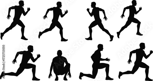 Running silhouette athlete sprinting, crouching, kneeling, dynamic stride poses, fitness lifestyle, sport training, exercise movement, body action, vector illustration design