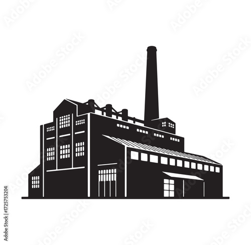 Black and white industrial factory building silhouette with chimney and windows against white background