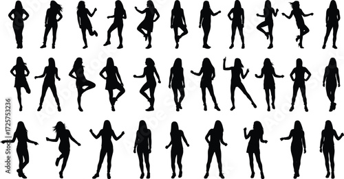 Vector illustration of woman silhouette poses set, female standing, walking, dancing, modeling positions, isolated black figures for design elements