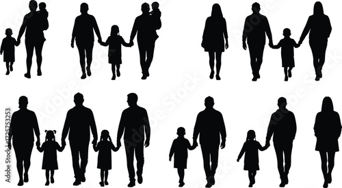 Vector illustration of diverse family silhouettes with parents and children, holding hands, caring moments, togetherness, parenting concept, love, unity, connection