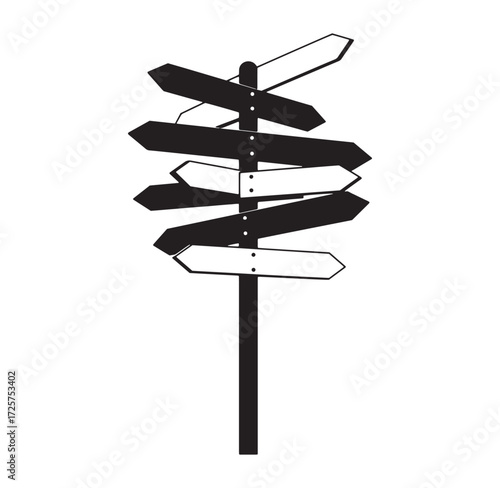 Black and white signpost with multiple directional arrows indicating choices and decisions