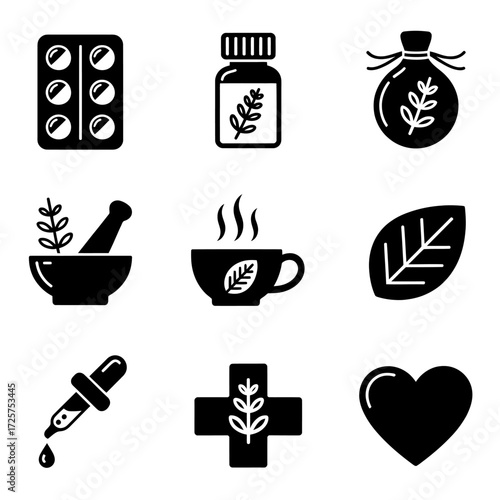 Collection of Herbal Medicine and Natural Healthcare Icons in Black Silhouette Style Perfect for Wellness Projects