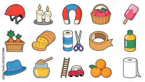 Variety of Household and Everyday Items in Cartoon Style for Educational Purposes and Graphic Design Projects