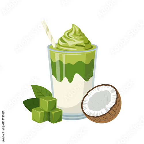 Refreshing Matcha Coconut Smoothie with Green Tea Cubes and Straw Isolated on White Background a Healthy Vegan Drink