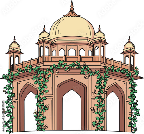 Domed pavilion with ornate columns and green vines, Mughal-inspired architecture, symmetrical design, nature harmony, cultural heritage, decorative vector, travel, illustration