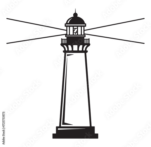 Classic silhouette illustration of a lighthouse with projecting beams of light for navigation
