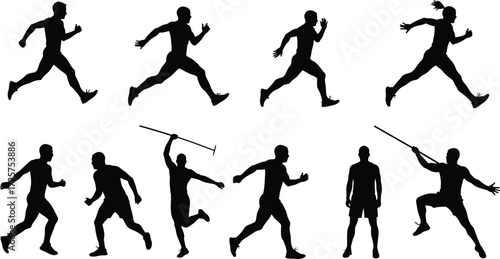 Vector silhouette illustration of athletes running, sprinting, jumping, and throwing javelin, showcasing track and field sports training action poses