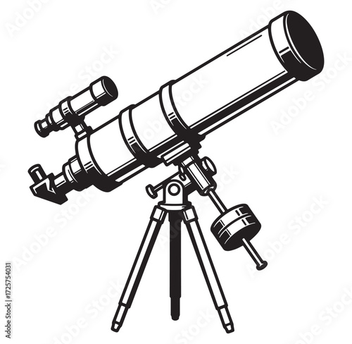Detailed black and white illustration of a classic astronomical telescope on a tripod stand