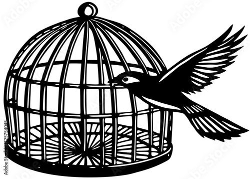 Open Cage with Flying Bird Silhouette, Freedom Recovery SVG, PNG