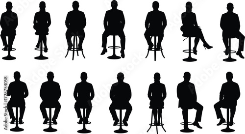 Vector silhouette illustration of business people sitting on chairs and stools, showing professional poses, office teamwork, meeting, conference, and discussion