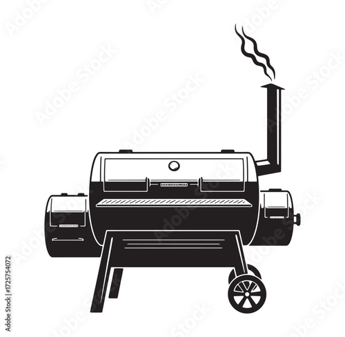 Detailed black and white illustration of a classic barbecue smoker with smoke rising up