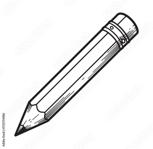 Detailed black and white illustration of a classic graphite pencil on white background