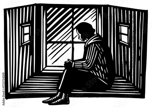 Person Sitting by Window Silhouette, Reflection Calm SVG, PNG
