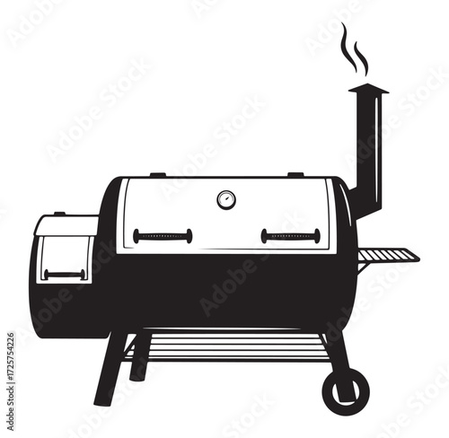 Detailed black and white illustration of a traditional offset smoker for barbecuing