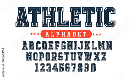 ATHLETIC Varsity Alphabet, Bold Outline Collegiate Font Vector illustration, Vintage sport font in American style for football, baseball, or basketball logos and t-shirts, easily editable.