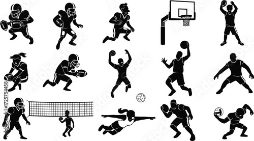 Sports silhouettes vector set, basketball, volleyball, American football players, athlete action poses, sports clipart icons for posters and logos