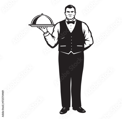 Elegant black and white illustration of a server holding a covered plate