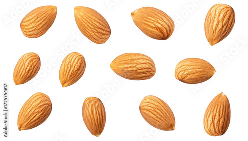 Wallpaper Mural A collection of raw. unprocessed almonds scattered on a clean white background. their natural texture and color. ideal for food photography and healthy eating concepts Torontodigital.ca