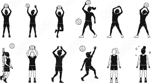 Volleyball silhouette illustration, players in action, serving, spiking, blocking, setting, jumping, sports activity icons, fitness training, competitive game poses