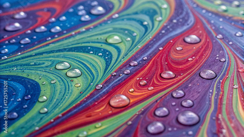 Abstract swirling marble texture in vivid rainbow tones, highlighted with shimmering water droplets for a decorative background.