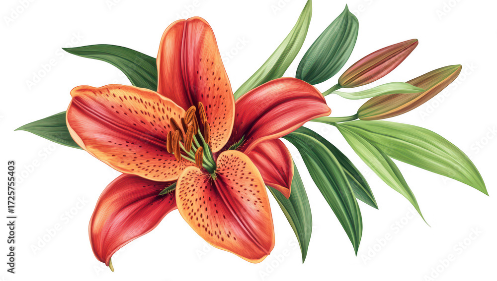 Fototapeta premium A orange lily flower with detailed petals and green leaves. set against a clean white background. ideal for floral-themed designs. nature illustrations. or botanical studies