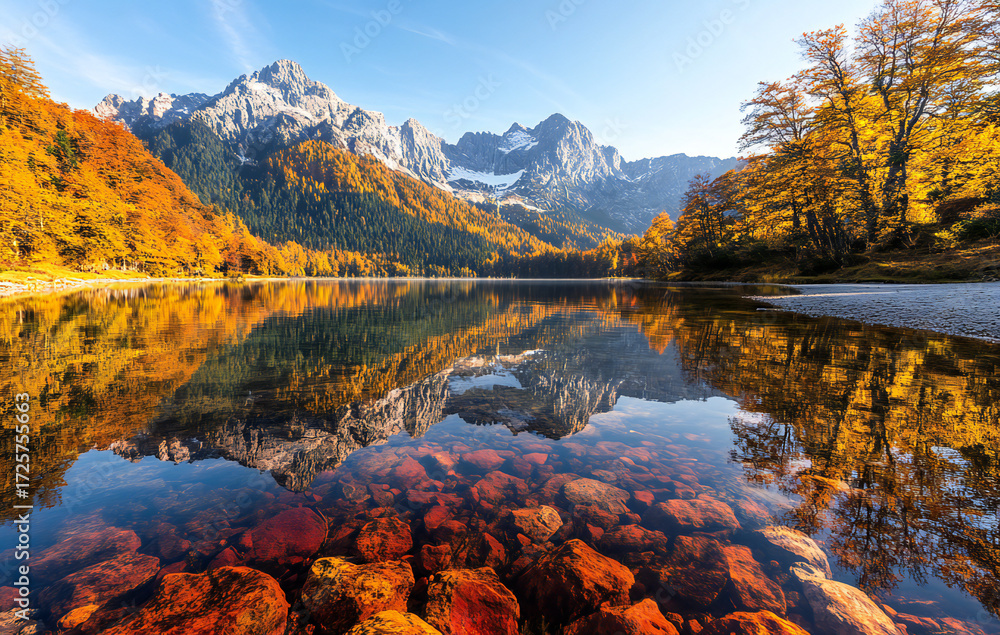 Obraz premium Breathtaking Autumn Morning at Hintersee Lake: Bavarian Alps Fjord with Vibrant Alpine Colors and European Serenity