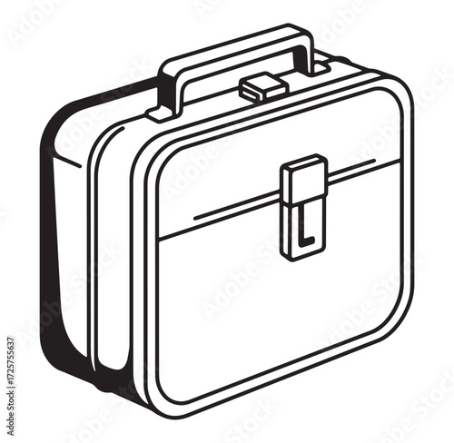 Simple black and white vector illustration of a closed briefcase with handle and latch