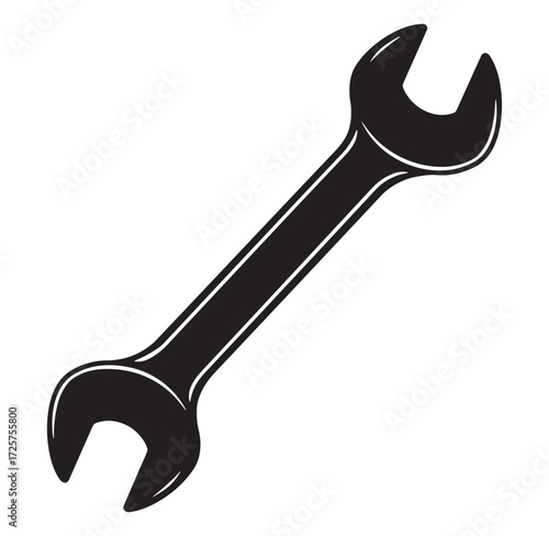 Simple black and white vector illustration of an open ended wrench isolated on white background